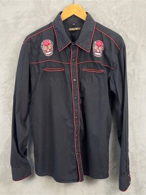 Run & Fly Mens L Day of the Dead Sugar Skull Western Snap Shirt Black Cotton